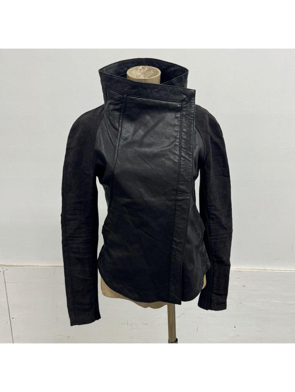 Vintage Black Funnel Neck Asymmetric Avant Garde Leather Jacket